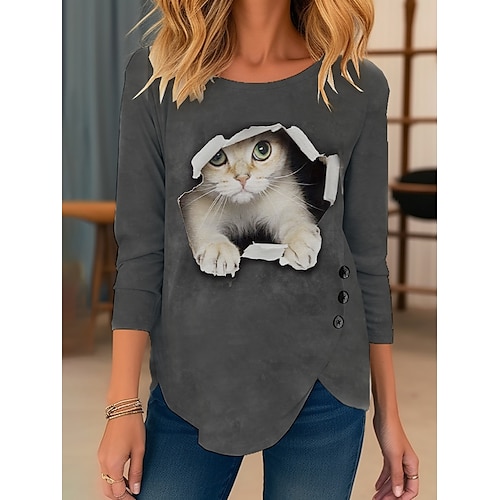 

Femme T shirt Tee Noir Blanche Bleu Chat 3D Imprimer manche longue du quotidien Fin de semaine du quotidien basique Col Rond Standard Chat 3D Peinture Automne hiver