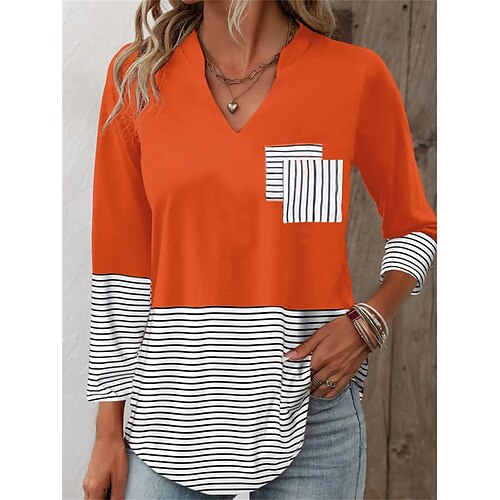 

Mulheres Camiseta Laranja Listrado Bolsos Imprimir Manga Longa Diário Final de semana Básico Decote V Normal Pintura