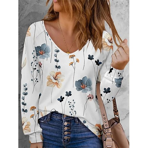 

Mujer Camiseta Blanco Floral Estampado Manga Larga Diario Fin de semana Básico Escote Redondo Ajuste regular Flor Pintura Primavera Otoño