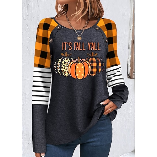 

Femme chemise d'Halloween Chemisier Orange Plaid Potiron Imprimer manche longue Halloween Casual basique Col Rond Standard