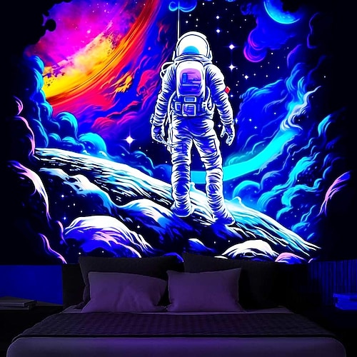 

tapeçaria reativa uv luz negra fluorescência psicodélica tapeçaria astronauta luz negra para sala de estar quarto de faculdade decoração de dormitório