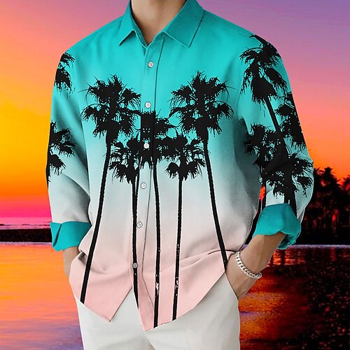 

Men's Shirt Gradient Coconut Tree Graphic Prints Turndown Blue Green Outdoor Street Long Sleeve Print Clothing Apparel Fashion Streetwear Designer Casual