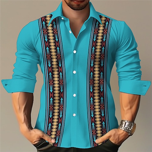 

Hombre Camisa camisa de lino Tribal Estampados Geometría Cuello Vuelto Rojo Azul Piscina Exterior Calle Manga Larga Estampado Ropa Lino Moda Ropa de calle Design Casual