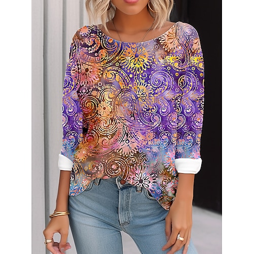 

Women's T shirt Tee Pink Blue Purple Paisley Vintage Ethnic Print Long Sleeve Daily Weekend Basic Round Neck Regular Fit Painting Spring Fall