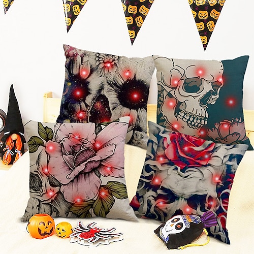 

Halloween Double Side Pillow Cover 4PC Soft Decorative Square Cushion Case Pillowcase for Bedroom Livingroom Sofa Couch Chair (with LED String Lights)