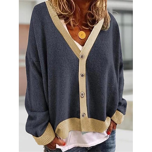 

Mulheres Sueter Cardigan Saltador Estriado Tricotar Botão Côr Sólida Decote V à moda Casual Diário Para Noite Outono Inverno Azul S M L