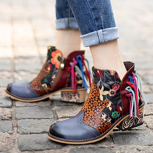 

Mulheres Botas Botins Botins sapatos feitos à mão Diário Mocassim Ziper Salto de bloco Ponta Redonda Vintage Conforto Poliester Pele de Carneiro zíper Floral Bloco de cor Azul
