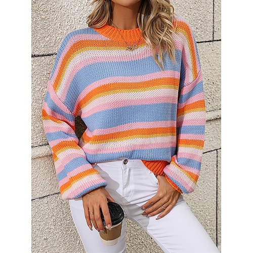 

Women's Pullover Sweater Jumper Jumper Ribbed Knit Stripe Striped Crew Neck Stylish Casual Outdoor Daily Fall Winter White Yellow S M L