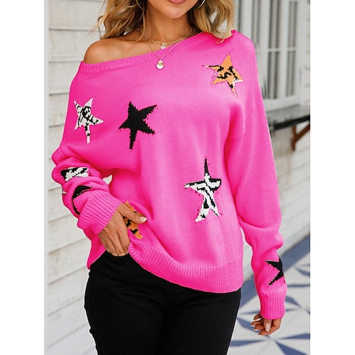 

Mujer Suéter de punto Puente Estriado Tejer De Gran Tamaño Estampado Estrella Cuello Barco Elegante Casual Exterior Diario Otoño Invierno Rosa Fucsia S M L