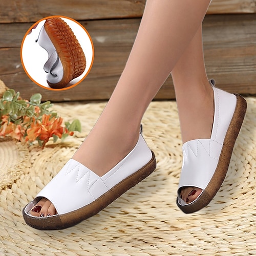 

Women's Sandals Flats White Shoes Daily Walking Flat Heel Round Toe Casual Comfort Leather Cowhide Solid Color Black White Beige