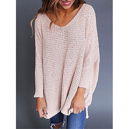 

Mulheres Pulôver suéter Saltador Estriado Tricotar Fenda Côr Sólida Decote V à moda Casual Diário Para Noite Outono Inverno Preto Branco S M L