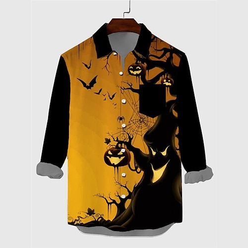 

Hombre Camisa Calabaza Estampados Cuello Vuelto Amarillo Víspera de Todos los Santos Calle Manga Larga Estampado Ropa Moda Ropa de calle Design Casual