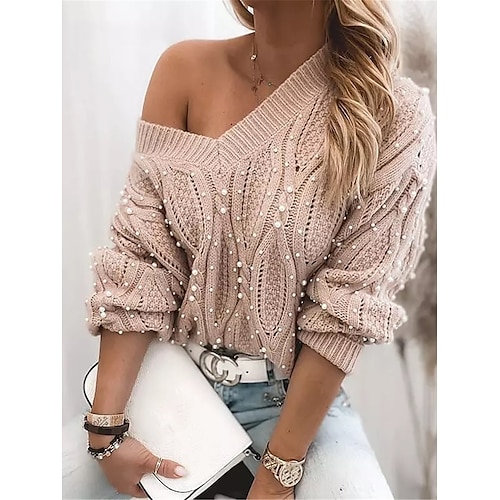 

Women's Pullover Sweater Jumper Jumper Cable Knit Beads Solid Color V Neck Stylish Casual Daily Going out Fall Winter Pink Beige S M L