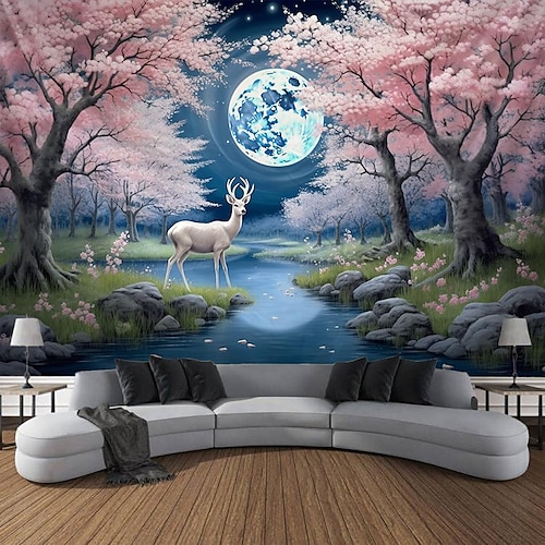 

Moonlight Forest Hanging Tapestry Elk Cherry Blossom Wall Art Large Tapestry Mural Decor Photograph Backdrop Blanket Curtain Home Bedroom Living Room Decoration