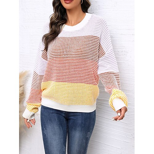 

Damen Pullover Strickwaren Waffel Stricken überdimensional Farbblock Rundhalsausschnitt Stilvoll Brautkleider schlicht Outdoor Täglich Sommer Herbst Weiß Beige S