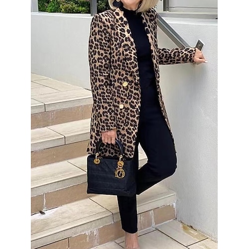 

Mujer Abrigo Calle Ropa Cotidiana Vacaciones Otoño Invierno Largo Abrigo Ajuste regular Mantiene abrigado Transpirable Elegante Casual Estilo callejero Chaquetas Manga Larga Leopardo Estampado Marrón