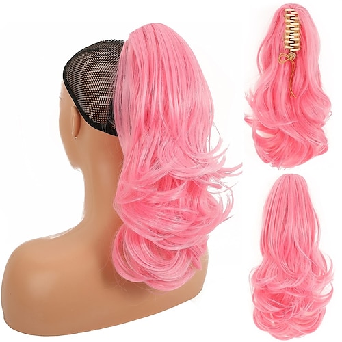 Pink Cheap Curly Ponytails with Clips