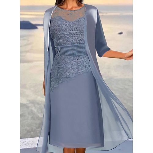 

Women's Lace Dress Dress Set Two Piece Dress Midi Dress Dusty Blue Green 3/4 Length Sleeve Pure Color Lace up Summer Spring Fall Crew Neck Elegant Party Wedding Guest 2023 S M L XL 2XL 3XL