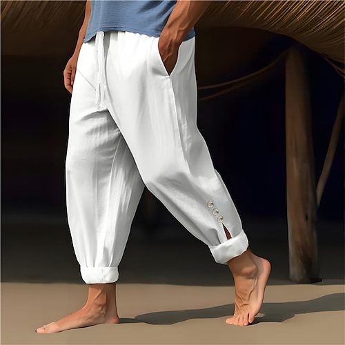 

Homme Pantalon en lin Pantalon pantalon été Pantalon de plage Cordon Taille elastique Plein Confort Respirable Casual du quotidien Vacances Mélange de Lin Coton Mode Style classique Noir Blanche