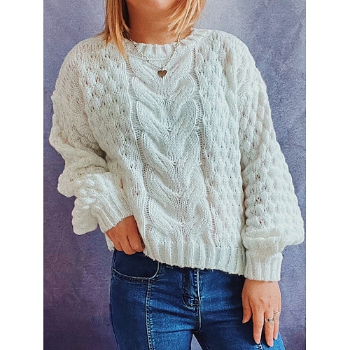 

Mujer Suéter de punto Puente Cable Tejer De Gran Tamaño Color sólido Cuello Barco Elegante Casual Diario Noche Otoño Invierno Negro Blanco S M L