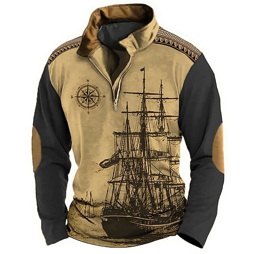 

Sailboat And Compass Mens Graphic Hoodie Ship Prints Daily Classic Casual 3D Sweatshirt Zip Pullover Holiday Going Out Streetwear Sweatshirts Light Brown Black Greek Key Fashion Grey Cotton