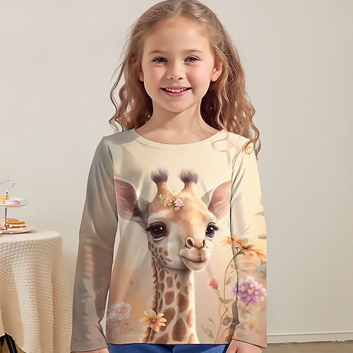 

Girls' T shirt Long Sleeve T shirt Tee Graphic Animal Giraffe 3D Print Active Fashion Cute Polyester Outdoor Casual Daily Kids Crewneck 3-12 Years 3D Printed Graphic Regular Fit Shirt
