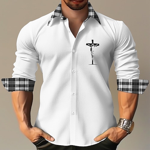 

Herren Hemd leinenhemd Plaid / Karomuster Grafik-Drucke Jesus Umlegekragen Schwarz Weiß Outdoor Strasse Langarm Bedruckt Bekleidung Leinen Modisch Strassenmode Designer Brautkleider schlicht