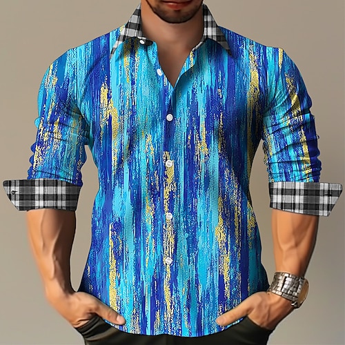 

Hombre Camisa camisa de lino Estampados Pintada Cuello Vuelto Amarillo Azul Piscina Exterior Calle Manga Larga Estampado Ropa Lino Moda Ropa de calle Design Casual