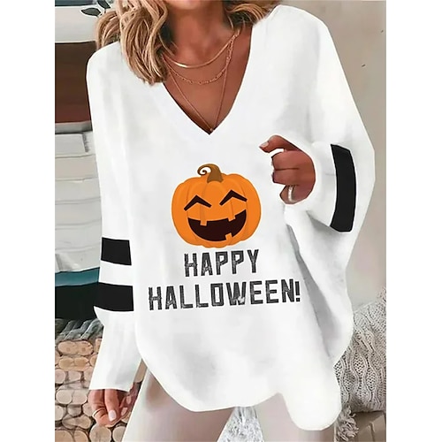 

Women's Pullover Halloween Sweatshirt Basic White Graphic Halloween V Neck Long Sleeve Top Micro-elastic Fall Winter