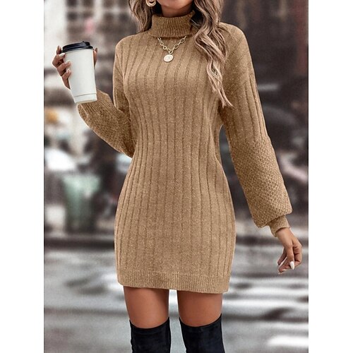 

Mujer Vestido de suéter Puente Estriado Tejer Retazos Color sólido Cuello Alto Elegante Casual Diario Noche Otoño Invierno Verde Trébol Caqui S M L