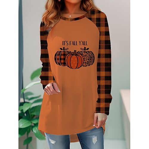 

Damen T Shirt Halloween-Shirt Schwarz Weiß Rote Katze Kürbis Bedruckt Langarm Halloween Wochenende Basic Rundhalsausschnitt Regular Fit Farbe