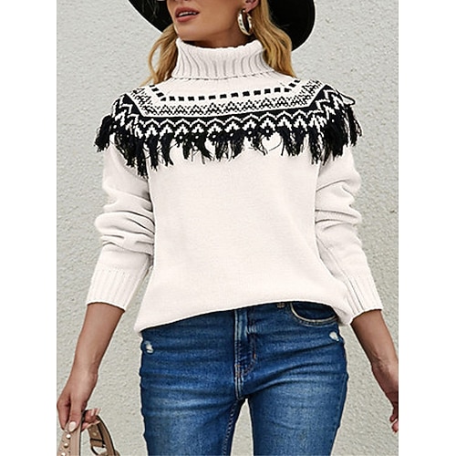 

Damen Pullover Strickwaren Gerippt Stricken Patchwork Quaste Geometrisch Rollkragen Stilvoll Brautkleider schlicht Täglich Ausgehen Herbst Winter Weiß S