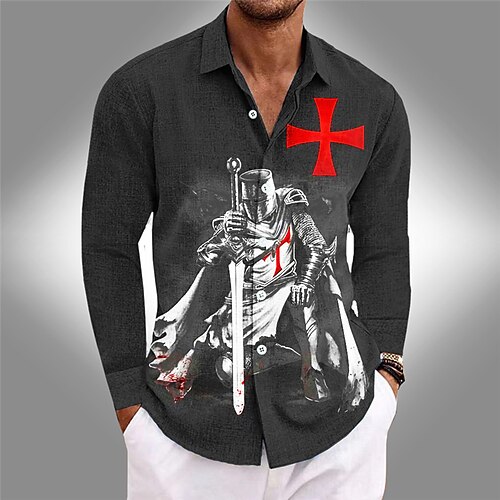 

Hombre Camisa camisa de lino Estampados Cosecha Cruz Soldier Cuello Vuelto Negro Azul Piscina Marrón Verde Trébol Exterior Calle Manga Larga Estampado Ropa Lino Moda Ropa de calle Design Casual