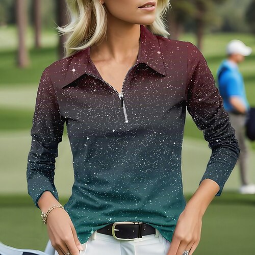 

Damen poloshirt Golfhemd Atmungsaktiv Schnelltrocknend Feuchtigkeitsableitung Langarm Golfbekleidung Golfkleidung Regular Fit Zip Stehkragen Farbverläufe Frühling Herbst Tennis Golfspiel Pickleball