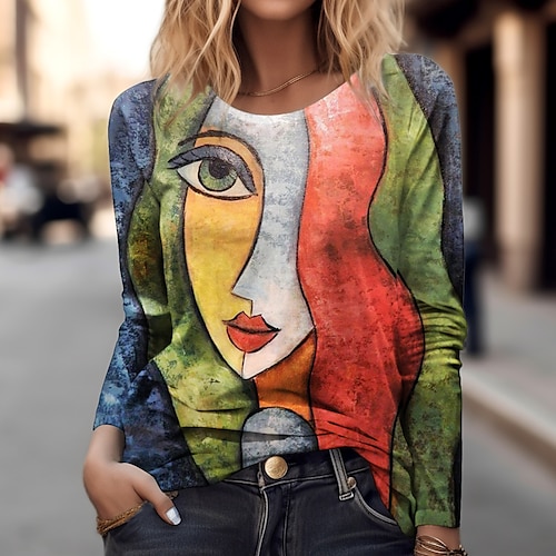 

Women's T shirt Tee Red Portrait Print Long Sleeve Daily Weekend Daily Basic Round Neck Regular Fit Portrait Painting Fall Winter