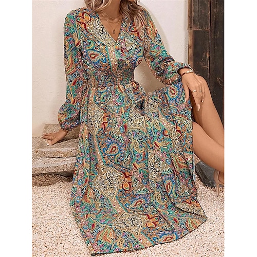 

Women's Casual Dress Paisley Dress Swing Dress Floral Paisley Split Print V Neck Midi Dress Fashion Streetwear Outdoor Date Long Sleeve Loose Fit Wine Navy Blue Blue Spring Fall S M L XL XXL