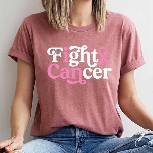 

Damen T Shirt Schwarz Weiß Rosa Buchstabe Bedruckt Kurzarm Täglich Wochenende Basic Rundhalsausschnitt Fuck Cancer Regular Fit Farbe