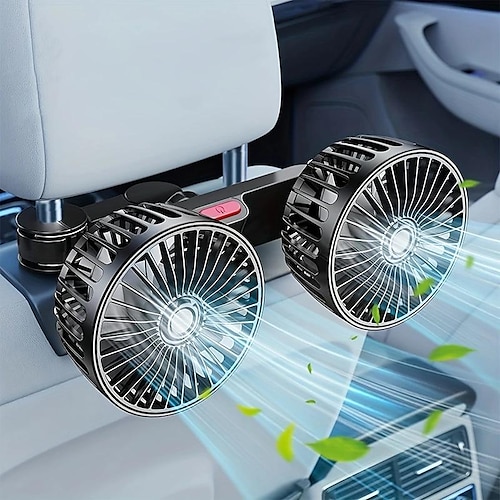 

ventilador de carro, ar condicionado de carro pequeno, ventilador traseiro de duas cabeças, vento forte, rotação de 360 graus, grande volume de ar, operação de subwoofer, método de montagem de clipe