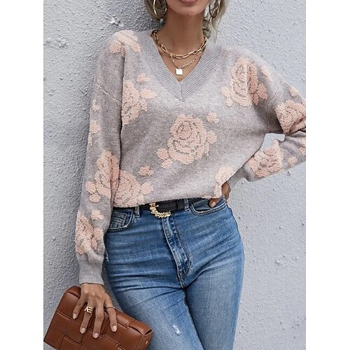 

Damen Pullover Strickwaren Gerippt Stricken Blumen Blumen V Ausschnitt Stilvoll Brautkleider schlicht Outdoor Täglich Herbst Winter Grau S