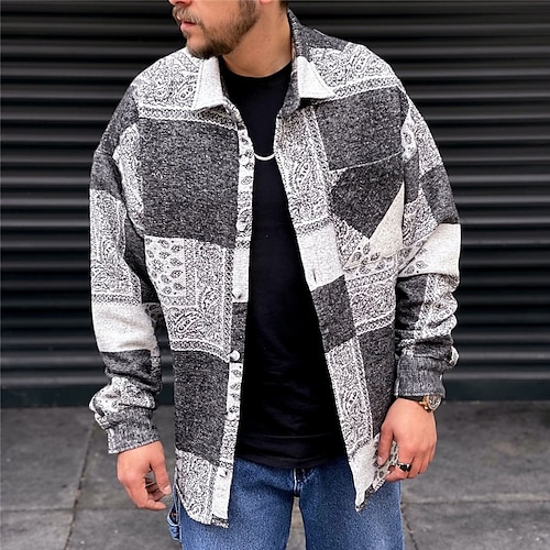 

Hombre Camisa Cachemir Bloque de color Tribal Cuello Vuelto Gris Exterior Calle Manga Larga Estampado Ropa Moda Ropa de calle Design Transpirable