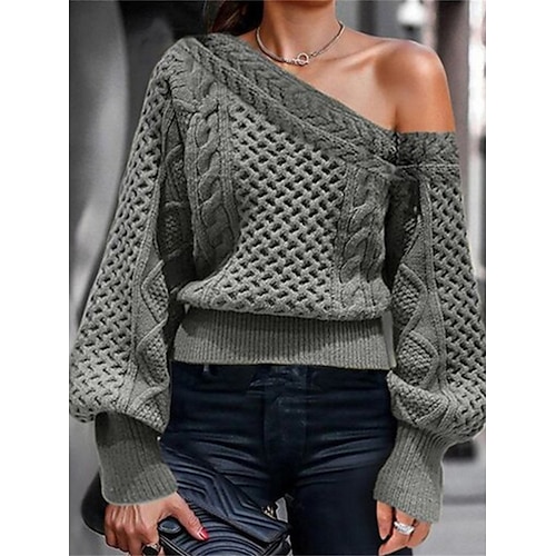 

Damen Pullover Strickwaren Waffel Stricken überdimensional Kalte Schulter Feste Farbe V Ausschnitt Stilvoll Brautkleider schlicht Outdoor Täglich Herbst Winter Grau M