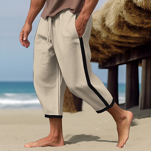 

Homens Calças de linho Calça verão Calças de praia Patchwork Zíper Com Cordão Bloco de cor Conforto Respirável Casual Diário Feriado Misto de Algodão e Linho Moda Estilo Clássico Branco Azul