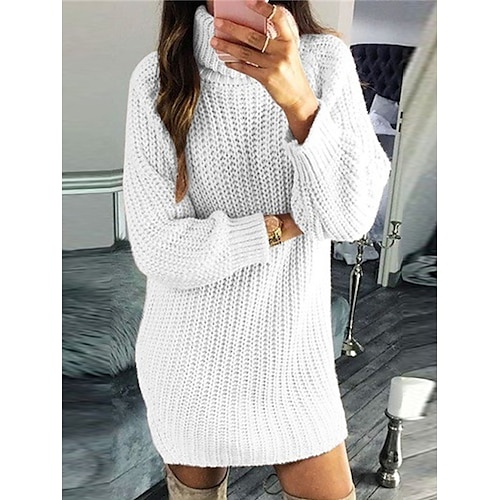 

Mujer Vestido de suéter Puente Estriado Tejer De Gran Tamaño Color sólido Cuello Alto Elegante Casual Exterior Diario Otoño Invierno Blanco Rosa S M L