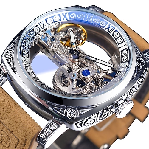 Forsining Orologio Automatico Uomo Con Cinturino In Pelle - Meccanico A Carica Automatica, Quadrante Scheletro, Vetro Minerale, Elegante