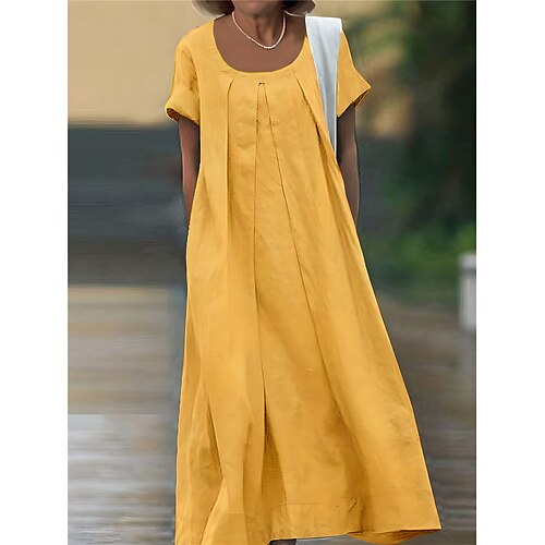 

Women's Casual Dress Cotton Linen Dress Maxi long Dress Polyester Basic Classic Outdoor Daily Vacation Crew Neck Ruched Pocket Short Sleeve Summer Spring 2023 Loose Fit Black Yellow Pink Plain M L XL