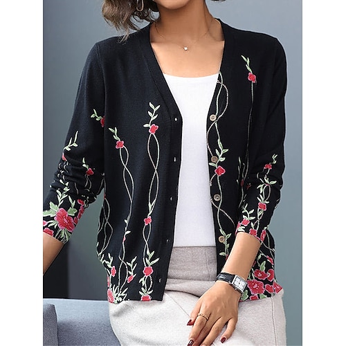 

Damen Strickjacke Strickwaren Gerippt Stricken Taste Bedruckt Tier V Ausschnitt Stilvoll Brautkleider schlicht Outdoor Täglich Herbst Winter Rose schwarz Kette schwarz Rose Marineblau S