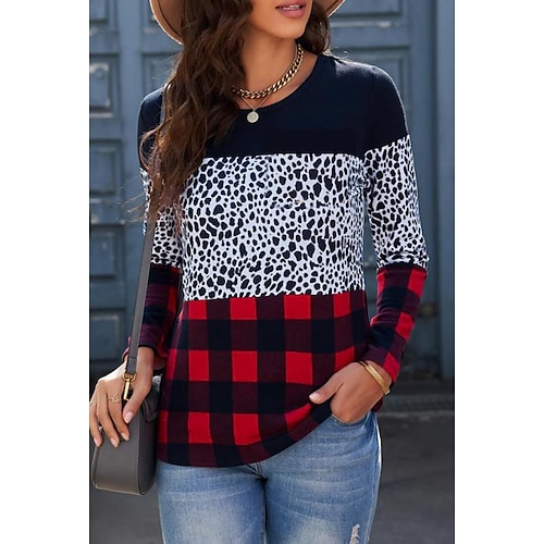 

Mujer Camiseta Rojo Leopardo Plaid Estampado Manga Larga Diario Fin de semana Básico Escote Redondo Ajuste regular Pintura