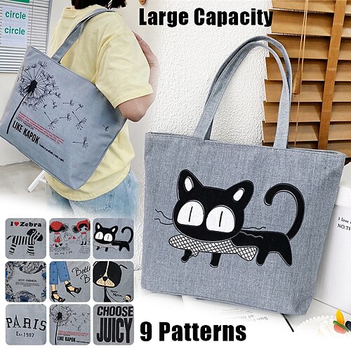 

Women's Tote Shoulder Bag Canvas Tote Bag Canvas Shopping Daily Zipper Large Capacity Lightweight Durable Solid Color Cat Gray