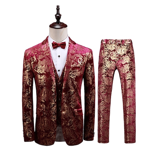 

Gold Men's Wedding Prom Suits 3 Piece Printed Tailored Fit Single Breasted Two-buttons 2023
