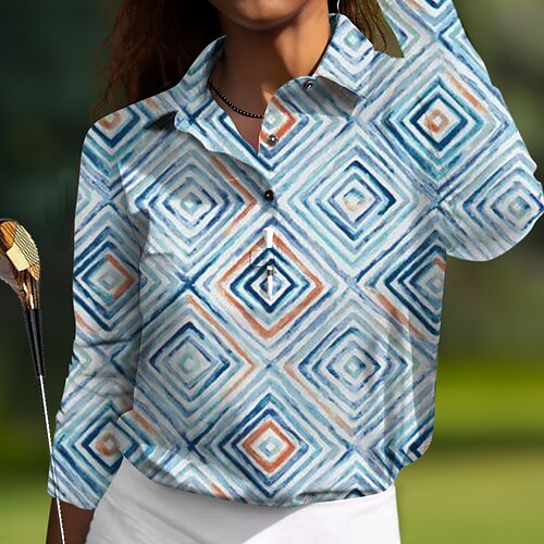 

Damen poloshirt Golfhemd Geknöpftes Poloshirt Atmungsaktiv Schnelltrocknend Feuchtigkeitsableitung Langarm Golfbekleidung Golfkleidung Regular Fit Geometrie Frühling Herbst Tennis Golfspiel Pickleball